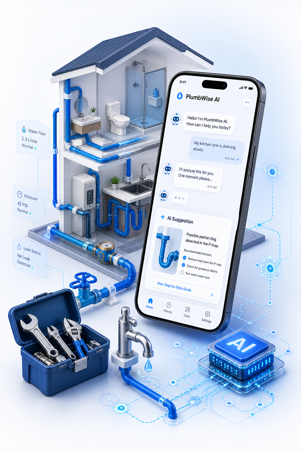 3D PlumbWise AI plumbing assistant with smartphone diagnostics, house pipes, toolbox, faucet, and AI chip